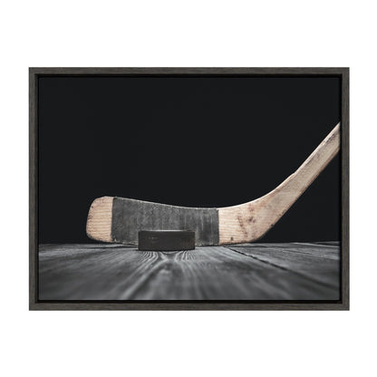 Vintage hockey stick framed canvas wall art in gray frame, easy to hang