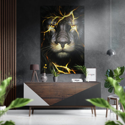 Golden lightning lion head metal wall art