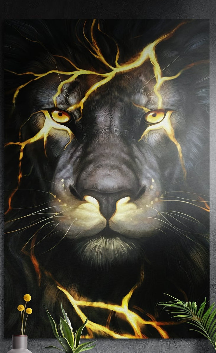 Golden lightning dark lion face brushed aluminum wall art hung on a dark textured wall above potted plants
