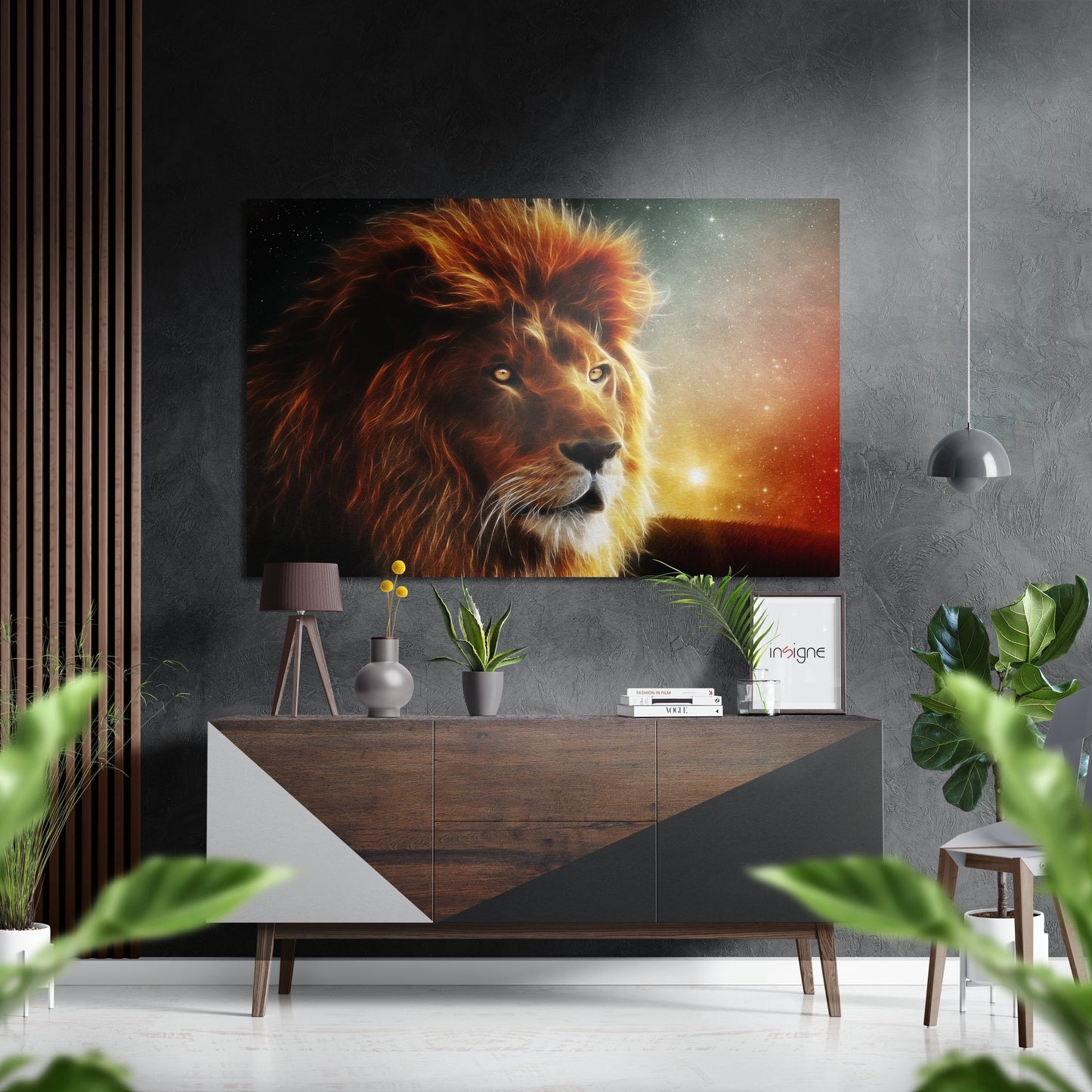 Fiery mane lion sunset metal wall art on brushed aluminum dibond