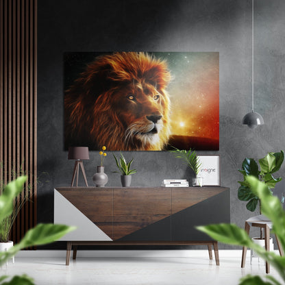 Fiery mane lion sunset metal wall art on brushed aluminum dibond