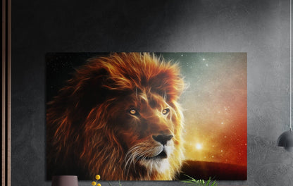 Lion under a starry sunset sky brushed aluminum wall art on a dark wall above a sideboard with yellow flowers