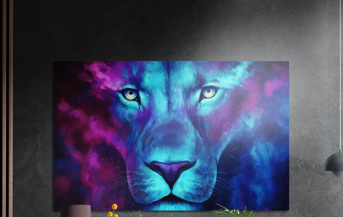 Turquoise lion face with magenta and violet clouds brushed aluminum wall art on a dark gray wall above plants