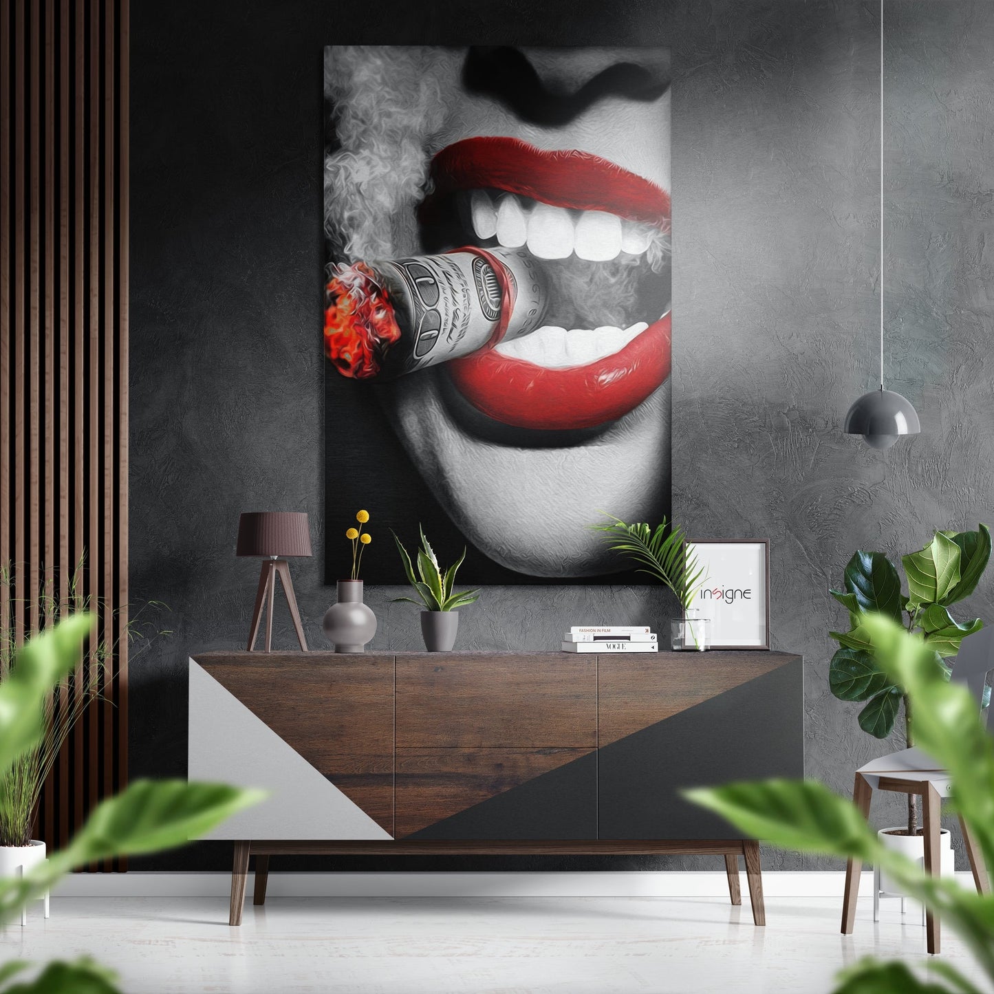Red Lips Burning Money metal wall art pop-art design