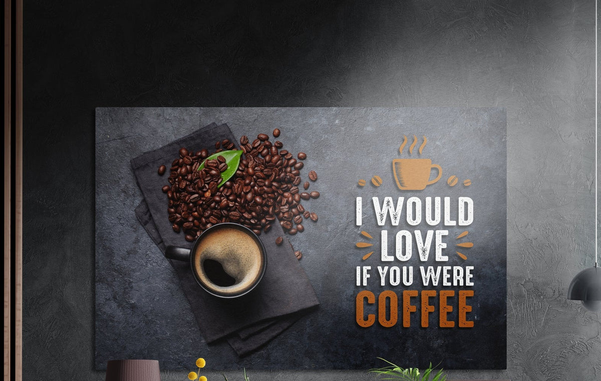 Coffee love quote with beans and cup brushed aluminum wall art on a dark textured wall above potted plants
