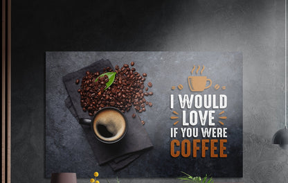 Coffee love quote with beans and cup brushed aluminum wall art on a dark textured wall above potted plants