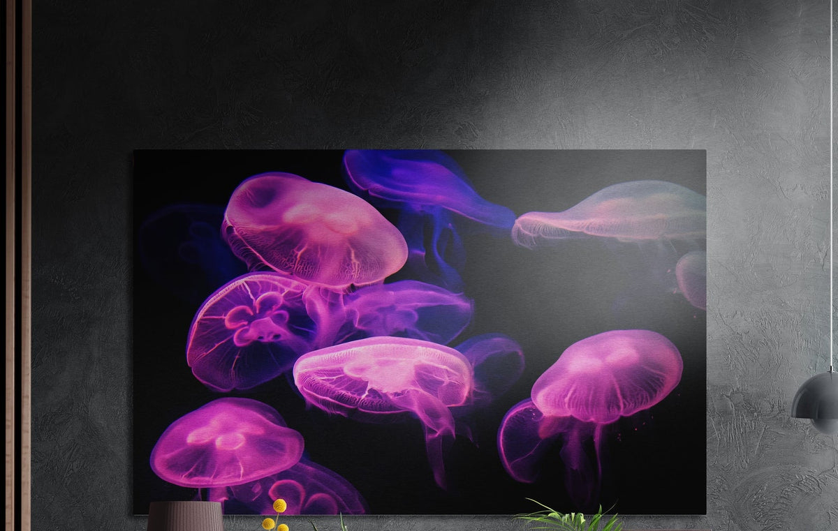 Pink jellyfish glowing on black brushed aluminum wall art on a dark wall above the tips of potted plants