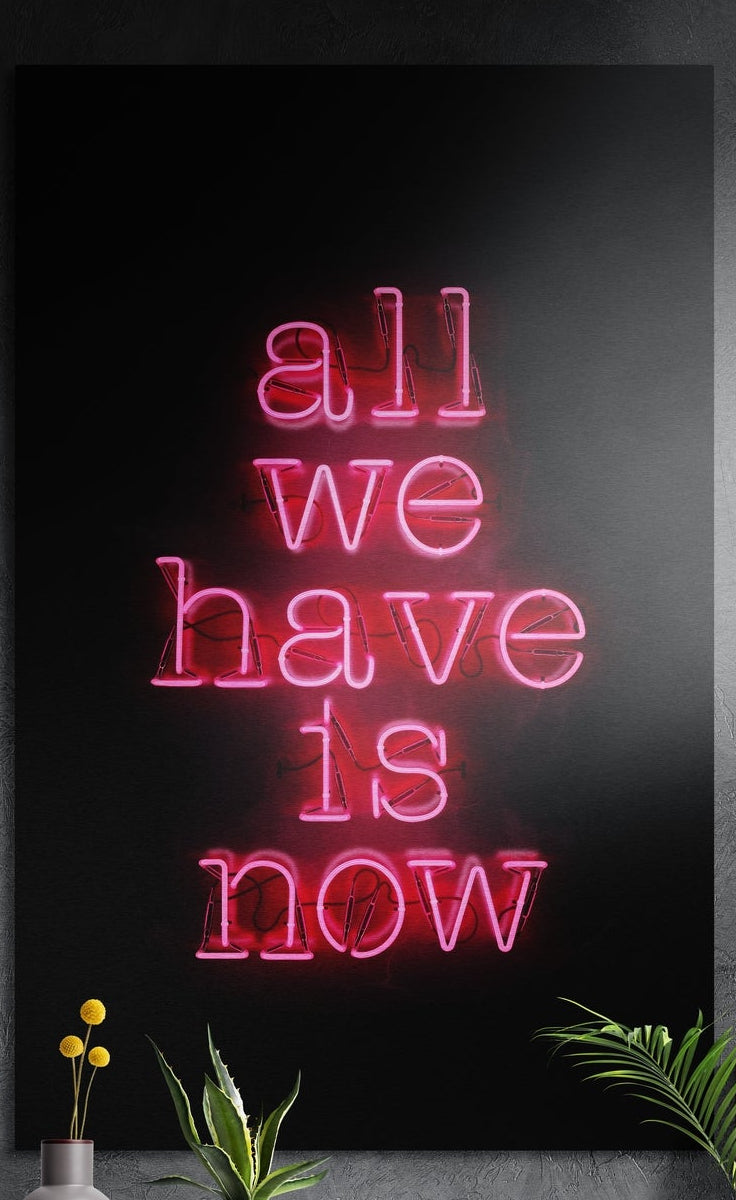 All we have is now pink neon look brushed aluminum wall art on a dark textured wall above potted plants