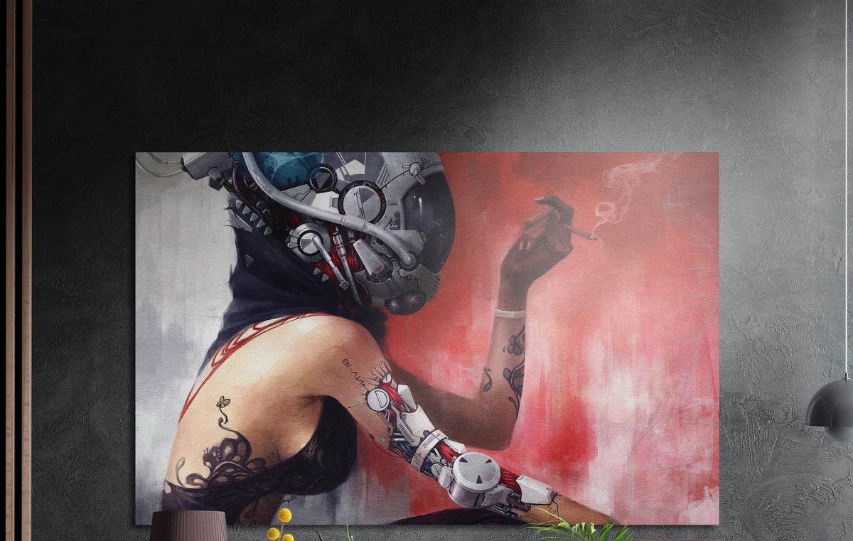 Cyborg woman in a mechanical helmet with a robotic arm, brushed aluminum wall art on a dark textured wall