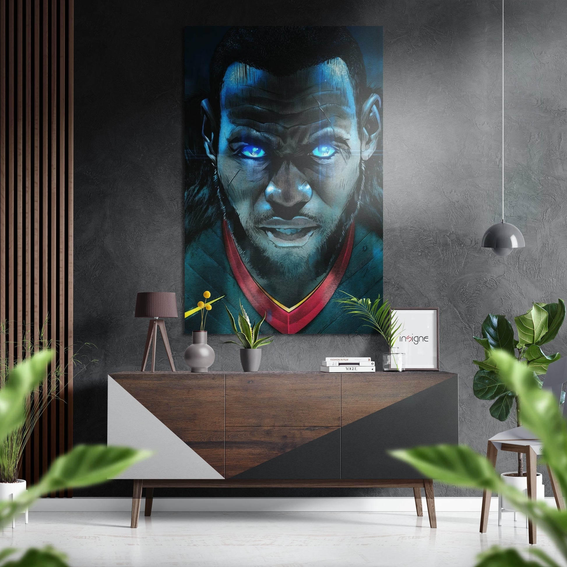 Player portrait metal wall art with glowing blue eyes