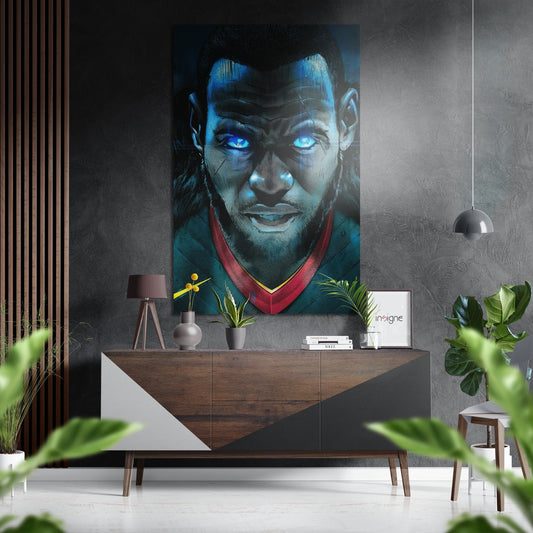 Player portrait metal wall art with glowing blue eyes