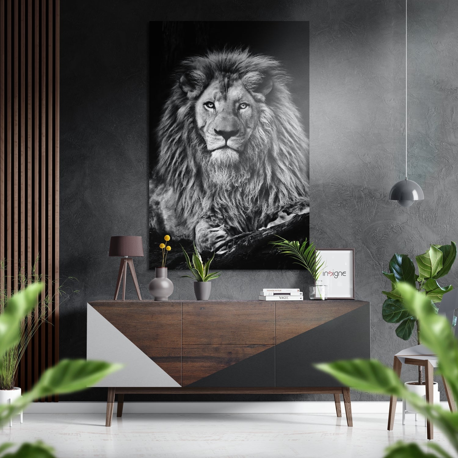 Black and white resting lion metal wall art