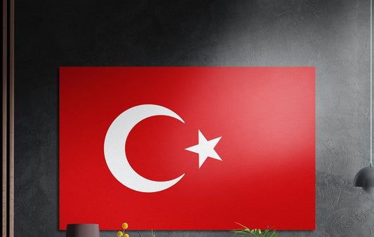 Turkey flag with a white crescent and star on red, brushed aluminum wall art on a dark gray wall by wood slats