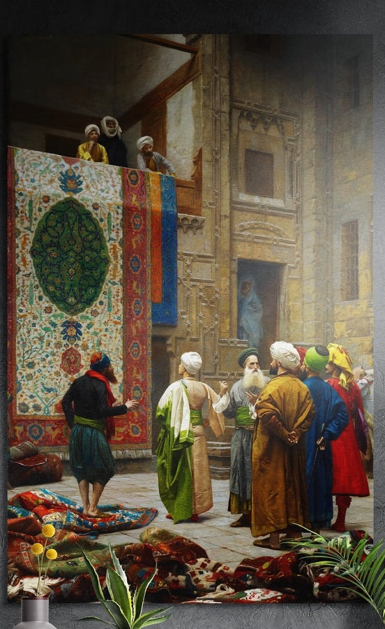 Carpet seller showing a rug to robed buyers, brushed aluminum wall art on a dark gray wall above yellow flowers