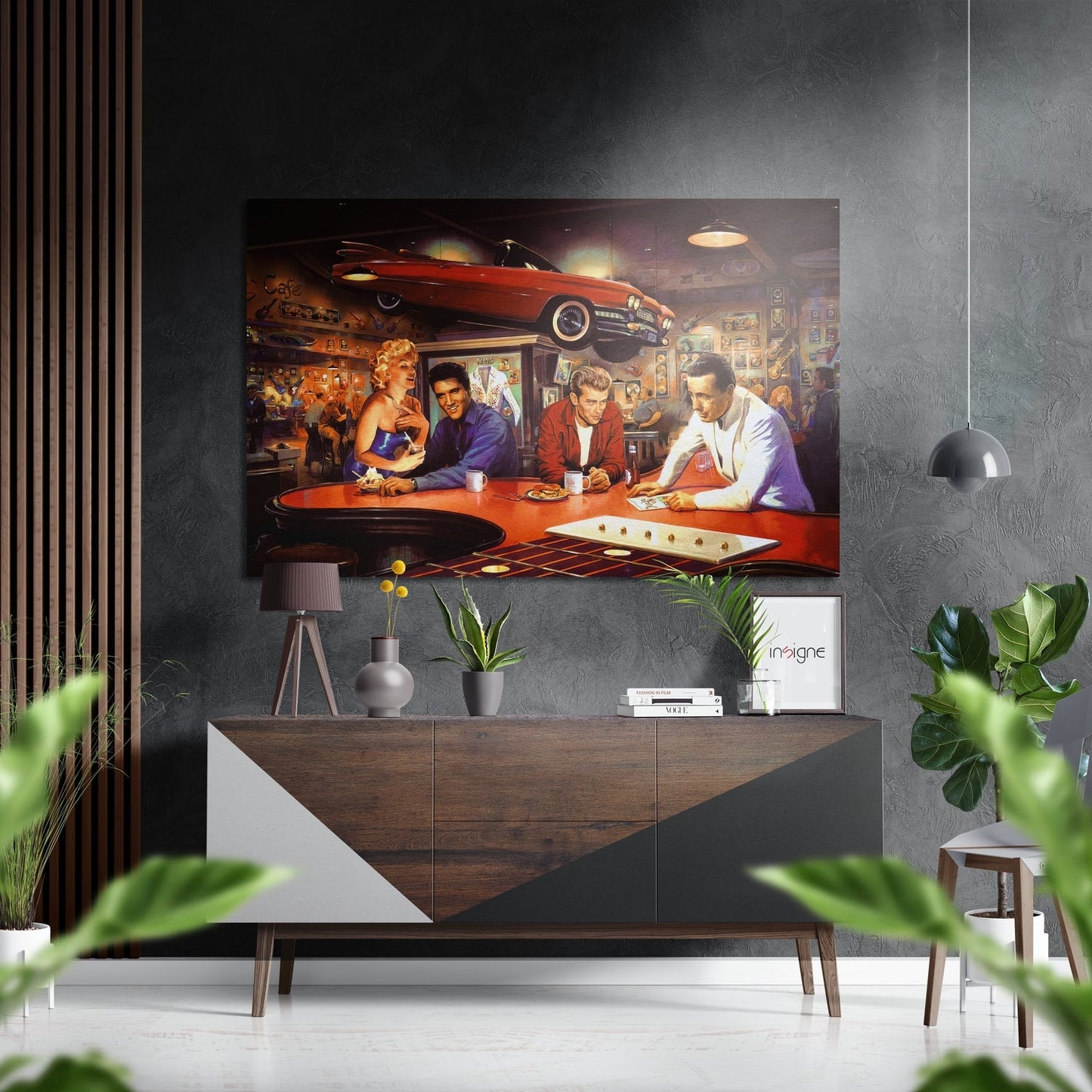 Retro diner red convertible brushed aluminum metal wall art