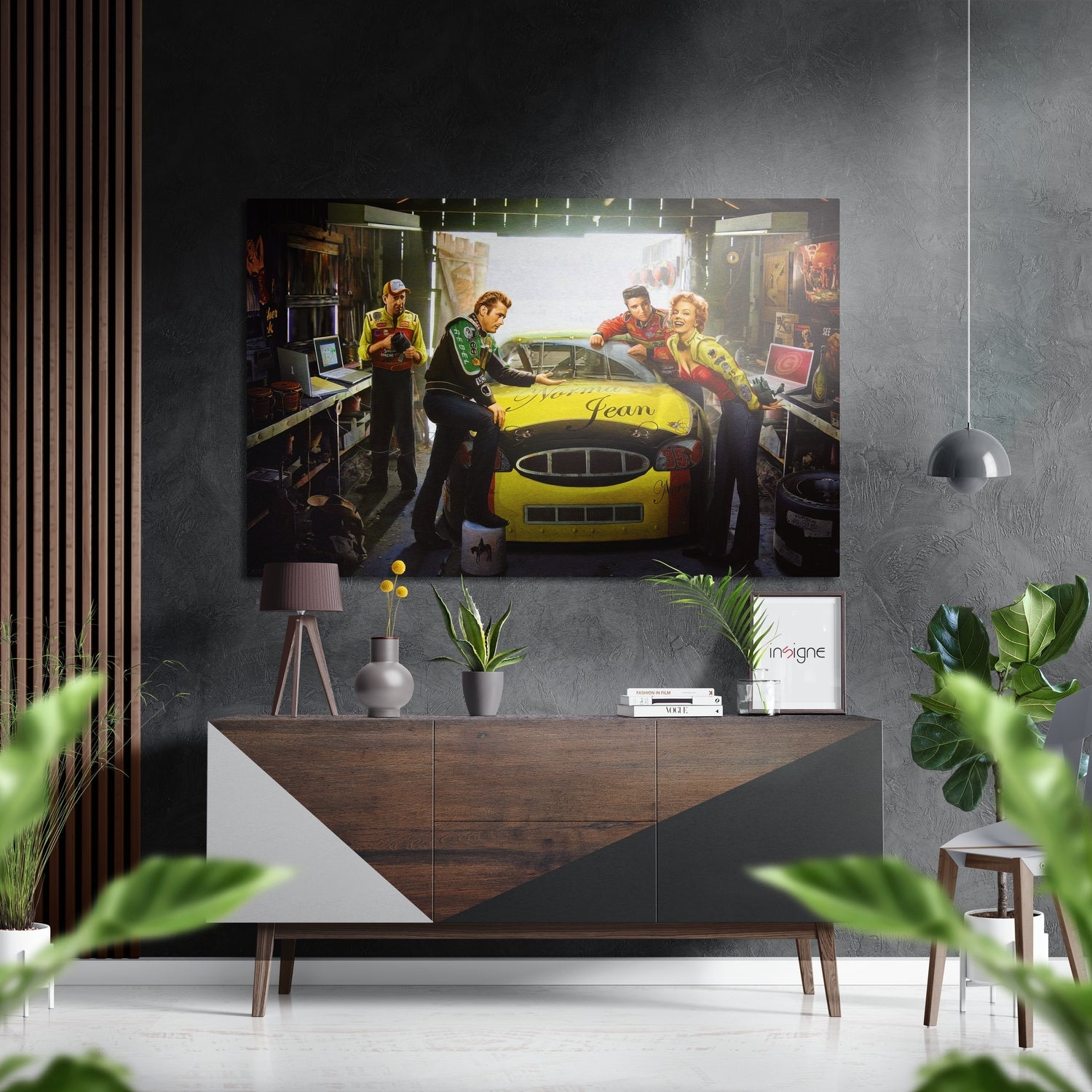 Retro garage yellow racecar brushed aluminum metal wall art