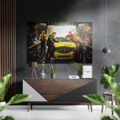 Retro garage yellow racecar brushed aluminum metal wall art