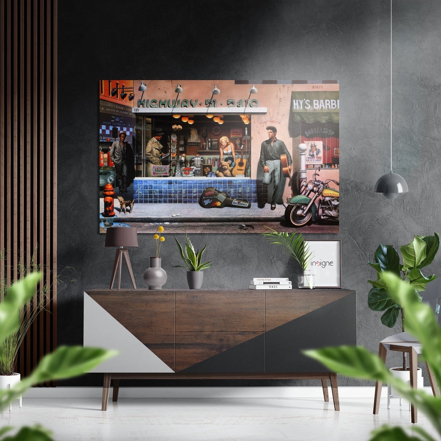 Retro street scene brushed aluminum metal wall art