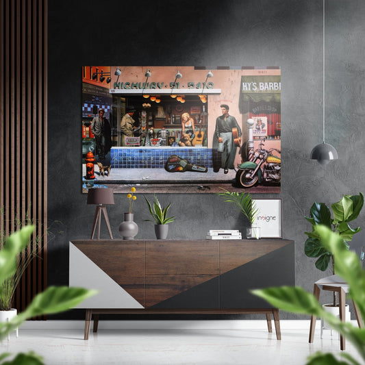 Retro street scene brushed aluminum metal wall art