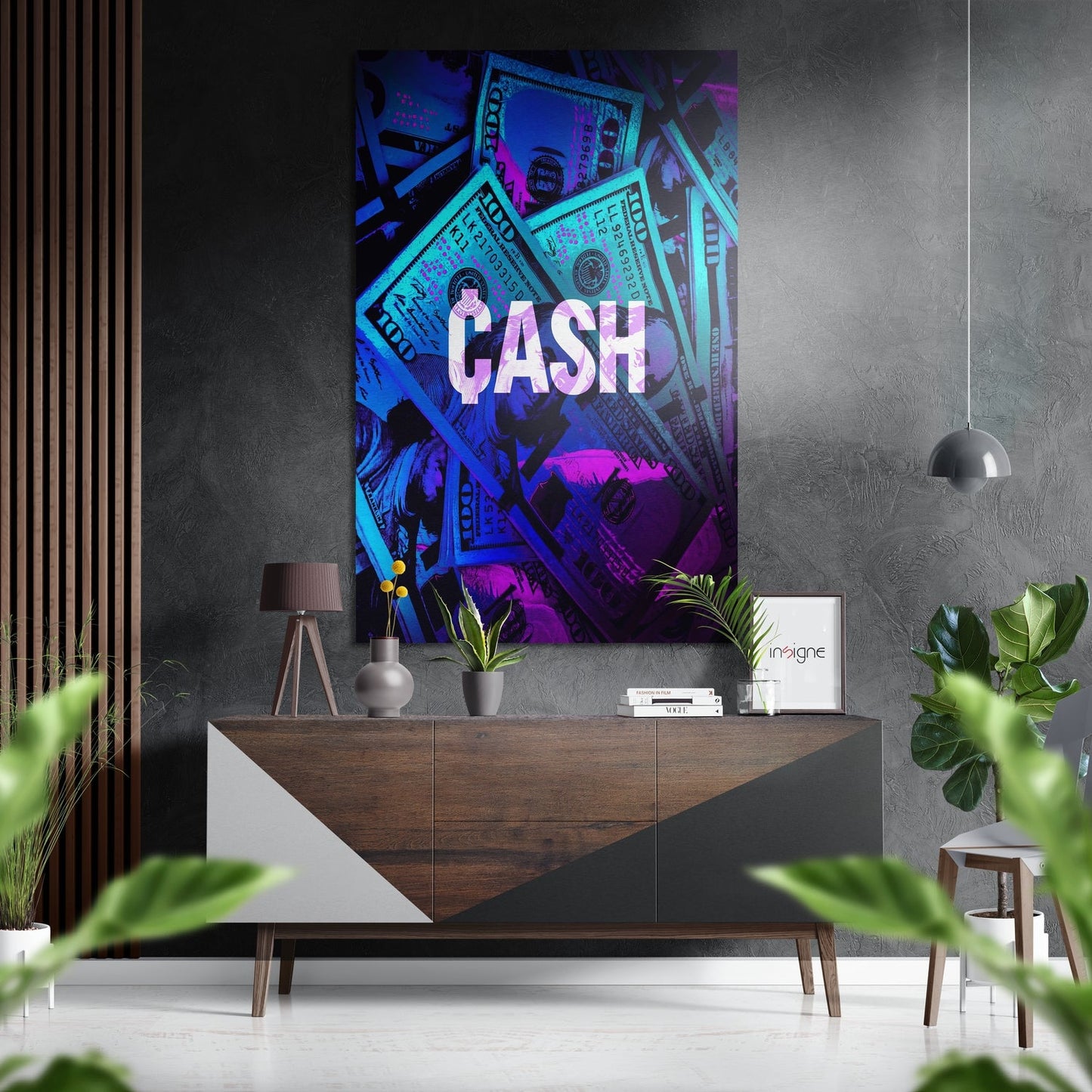 Cash currency-inspired metal wall art in brushed aluminum Dibond