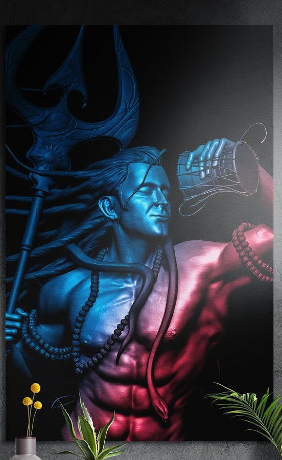 Shiva with trident and drum brushed aluminum wall art in blue and magenta on a dark gray wall above plants