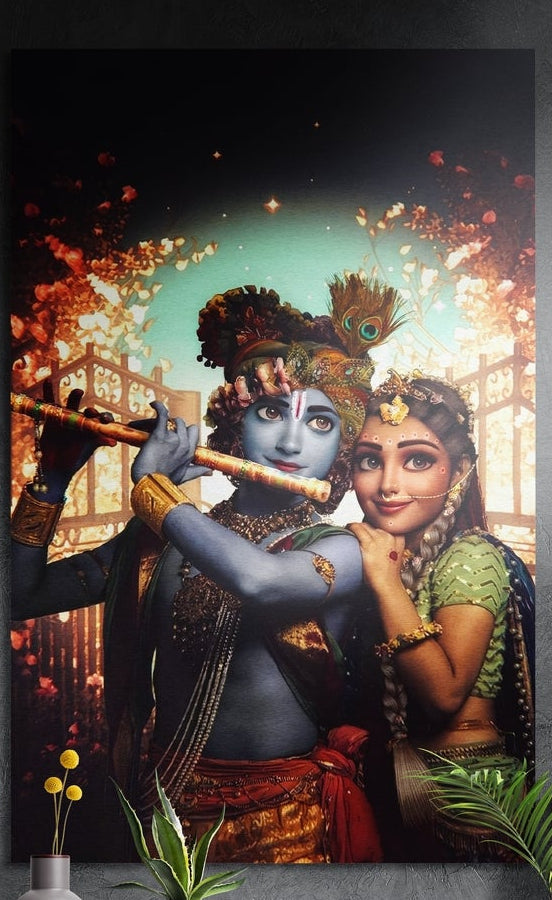 Radha Krishna with flute brushed aluminum wall art on a dark gray wall above yellow flowers and potted plants