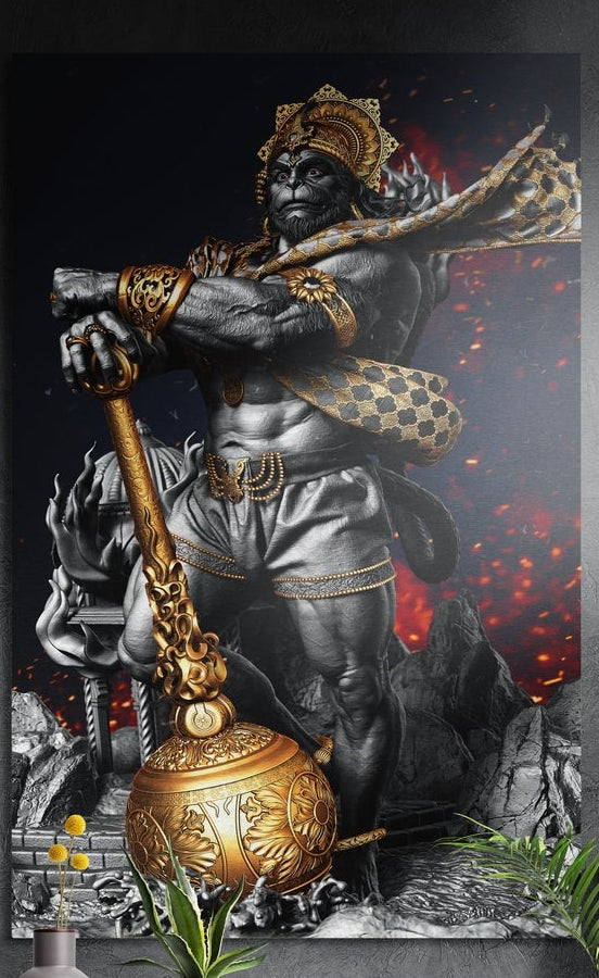 Silver Hanuman statue holding a golden mace with red embers, brushed aluminum wall art above a wooden sideboard
