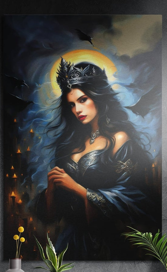 Dark-haired queen in a black crown and gown with candles and bats, brushed aluminum wall art on a dark wall