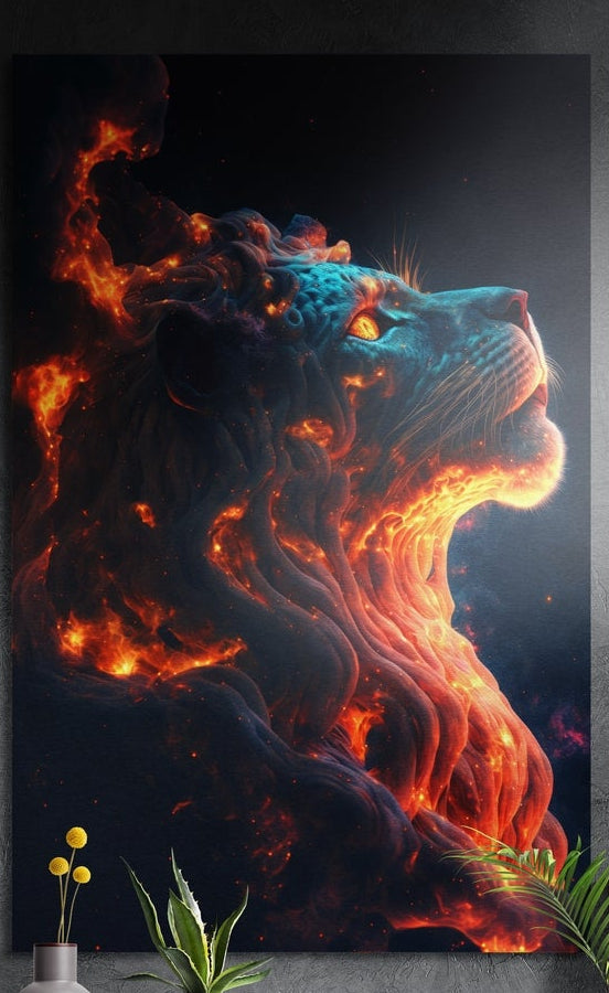 Lion with a lava flame mane brushed aluminum wall art on a dark wall behind yellow flowers and green plants