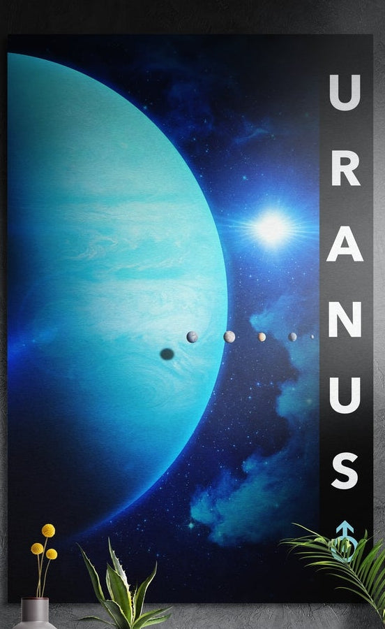 Uranus planet brushed aluminum wall art on a dark textured wall behind a vase and potted plants