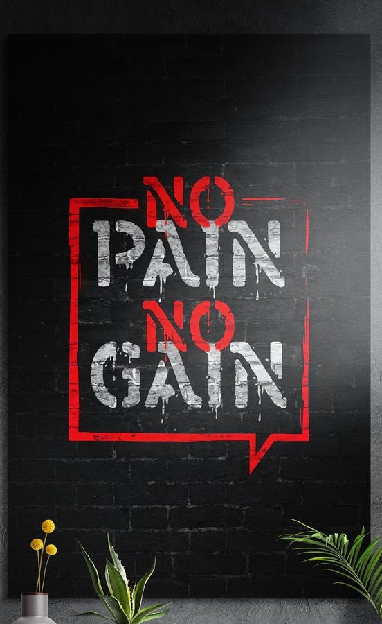No pain no gain red stencil on brick brushed aluminum wall art on a dark textured wall above potted plants