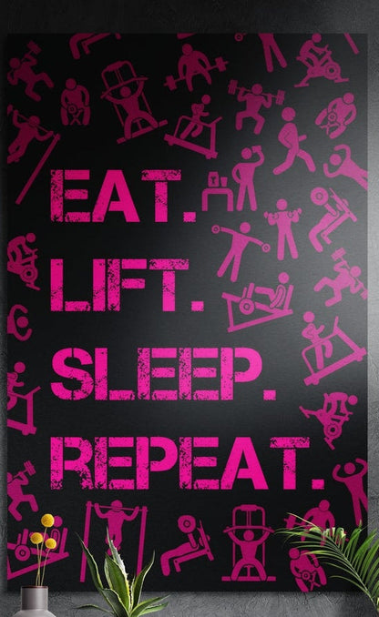 Eat lift sleep repeat pink gym icons brushed aluminum wall art on a dark textured wall above potted plants