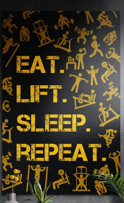 Gold eat lift sleep repeat lettering with workout icons on black, brushed aluminum wall art above a wooden sideboard