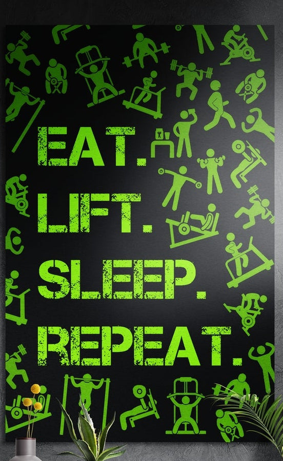 Neon green gym icons and routine words brushed aluminum wall art on a dark gray wall above potted plants
