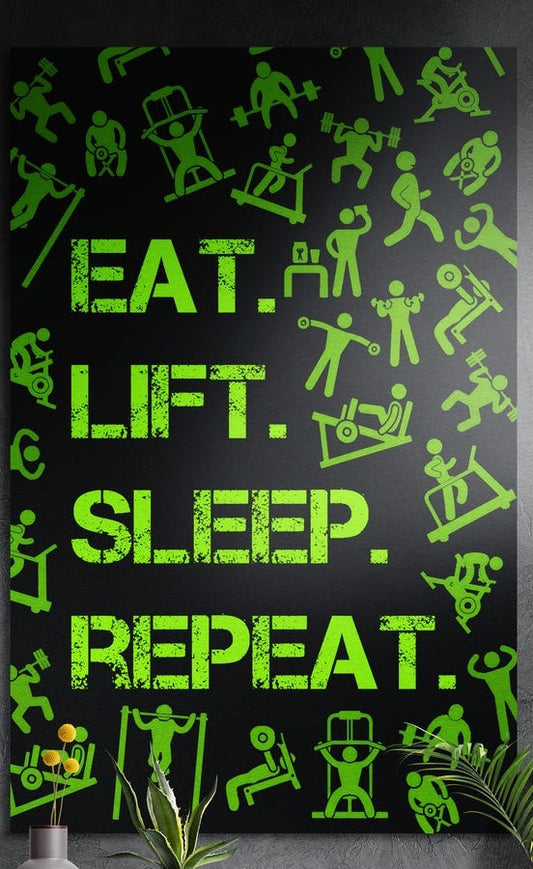 Neon green gym icons and routine words brushed aluminum wall art on a dark gray wall above potted plants