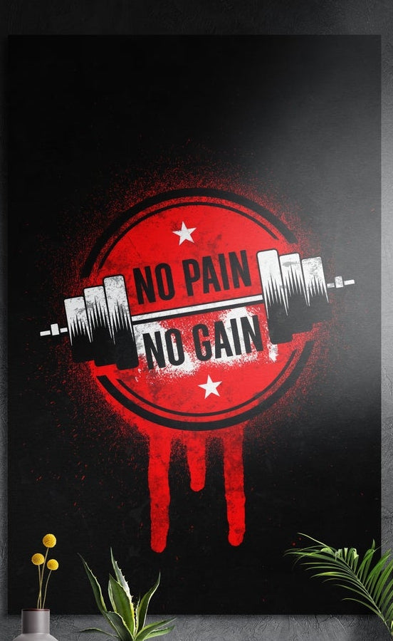 No pain no gain red dumbbell emblem brushed aluminum wall art on a dark textured wall above potted plants