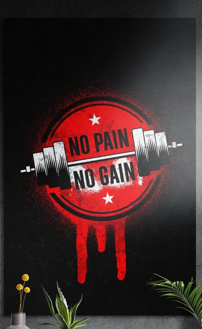No pain no gain red dumbbell emblem brushed aluminum wall art on a dark textured wall above potted plants