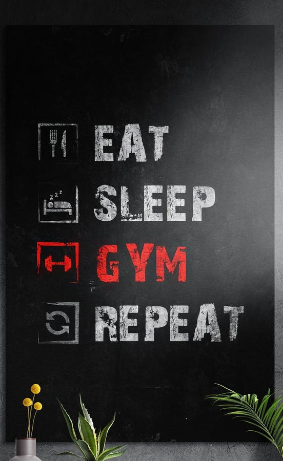 Eat Sleep Gym Repeat brushed aluminum wall art in white and red type on a dark wall above green plants