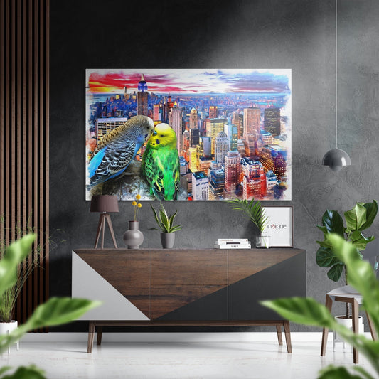 Budgies in Love Metal Wall Art on brushed aluminum dibond