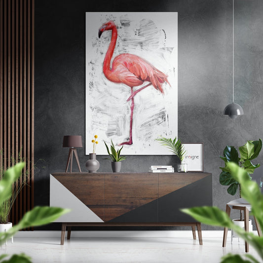 Pink Flamingo On White Brushstrokes Metal Wall Art