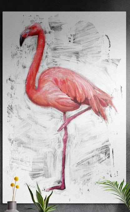 Pink flamingo standing on one leg on white brushstrokes, brushed aluminum wall art on a gray wall above a vase and plants