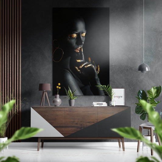 Gold eyeshadow portrait metal wall art