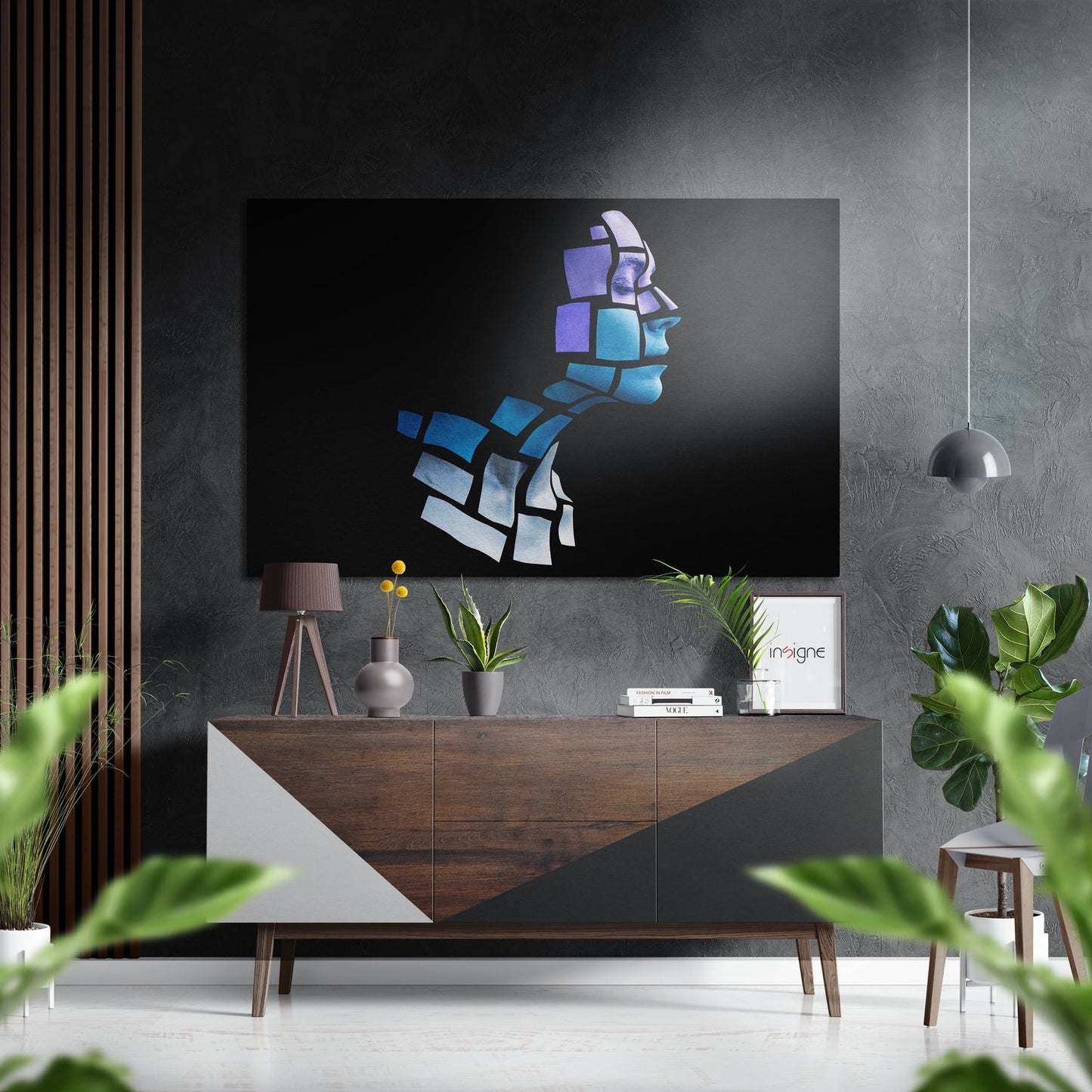 Blue Cubes Mosaic Face Profile Metal Wall Art