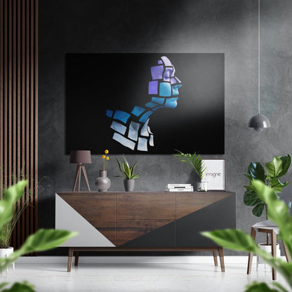 Blue Cubes Mosaic Face Profile Metal Wall Art