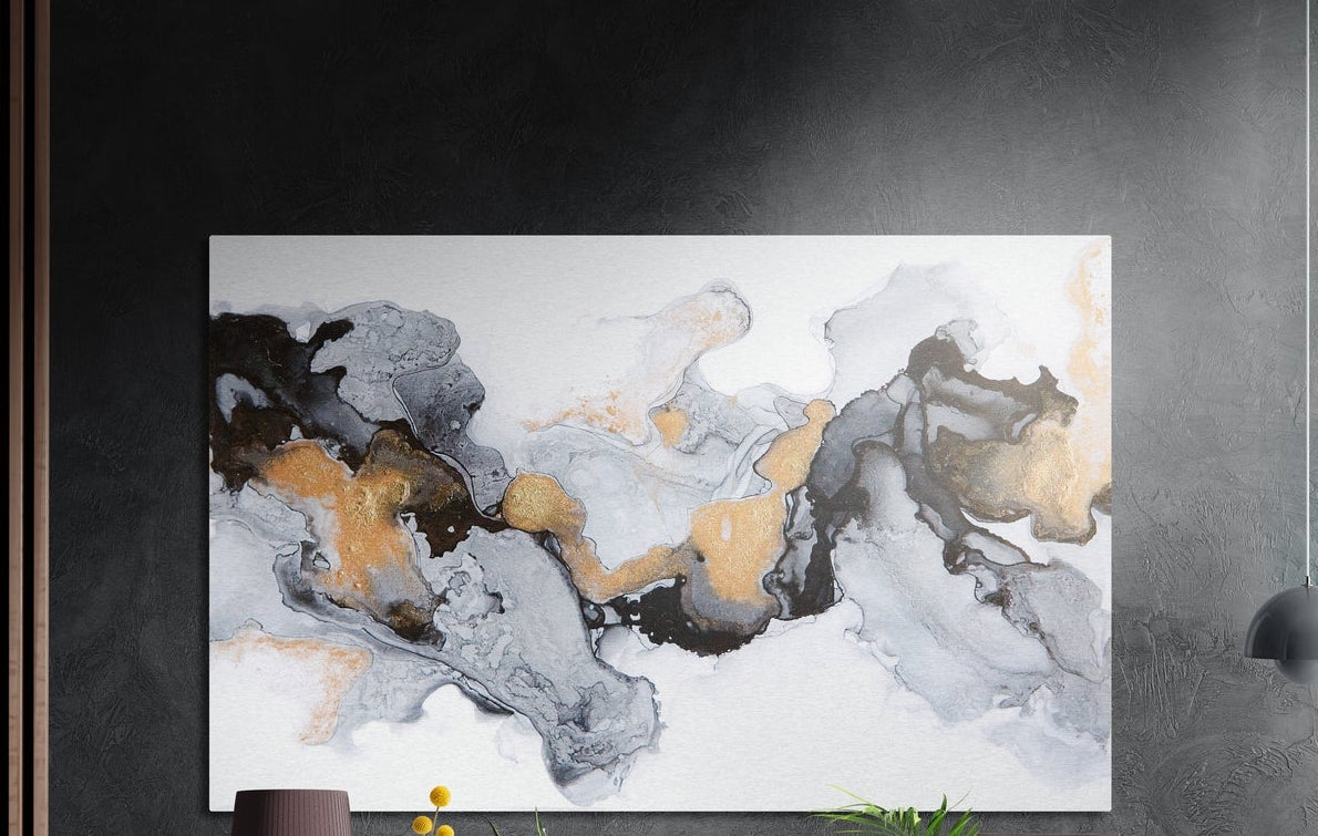 Gold vein gray ink marble brushed aluminum wall art on a dark gray concrete wall