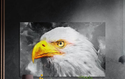 Bald eagle head brushed aluminum wall art on a dark textured wall beside a slatted wood panel