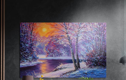 Snowy winter river brushed aluminum wall art on a dark gray wall above a sideboard with a vase and plants
