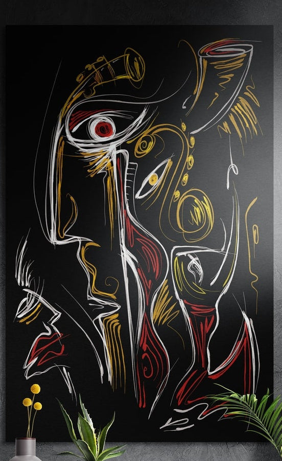 Gold, white and red line drawing of faces on black, brushed aluminum wall art on a dark wall above a vase and green leaves