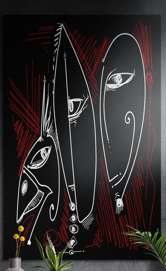 Three white line-drawn faces with red scratches on black, brushed aluminum wall art on a dark gray wall above plants