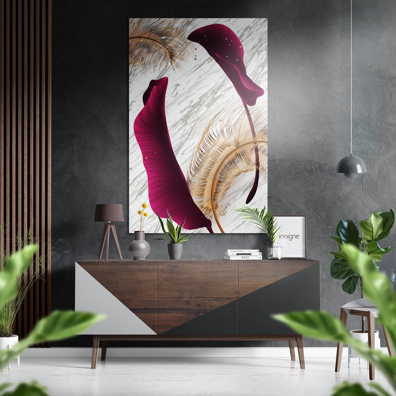 Magenta petals gold feather metal wall art